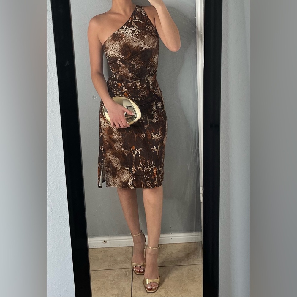 Snakeskin print one shoulder ruched bodycon side slit midi dress 6 | Y2K glam
